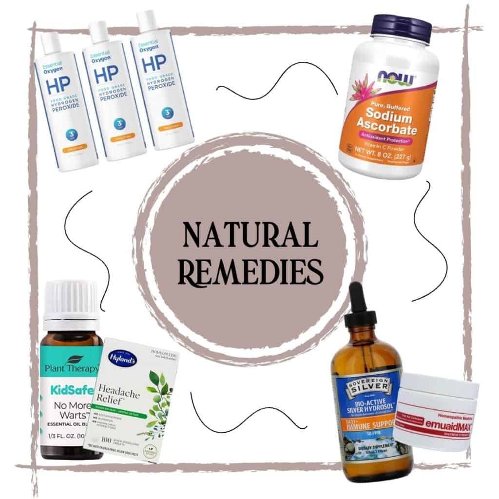 Natural Remedies collage including collodial silver, essential oils, and more