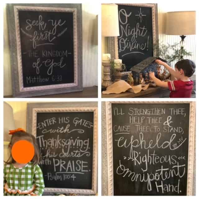 4 chalkbboards with "Seek Ye First" and other verses and hymns