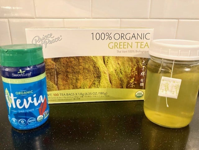 Soday Alternative: Box of Green Tea, mason jar of green tea, shaker of stevia