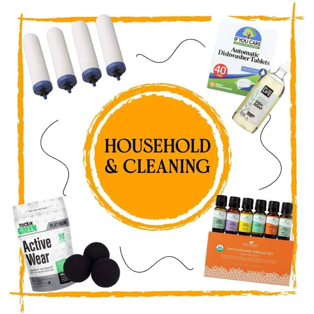 household & cleaning graphic with essential oils, dishwasher tablets. dish soap, water filters, wool dryer balls, adn laundry detergent