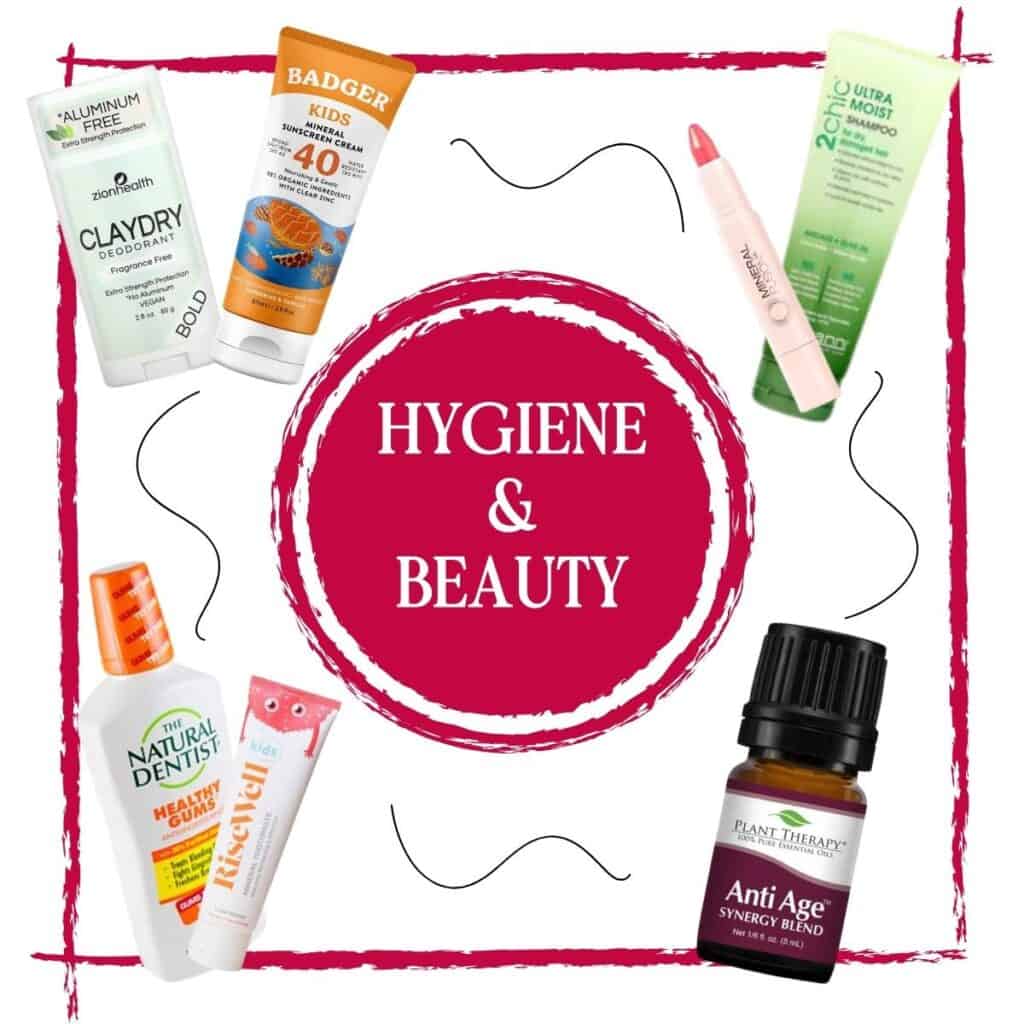 Hygience and Beauty Products Collage with suncreen, toothpaste, shampoo and more